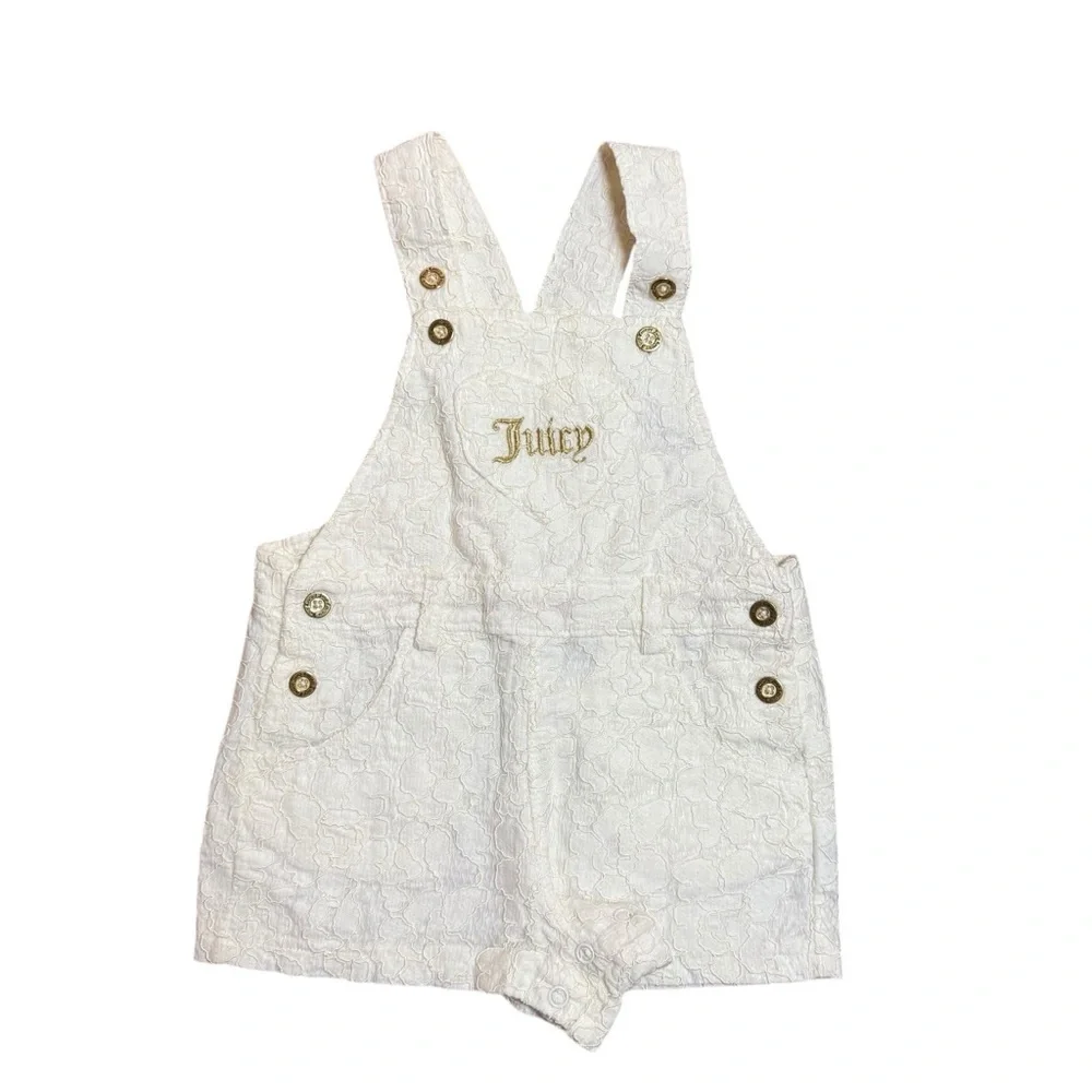 Juicy Couture Baby Girl White Textured Romper Overalls Gold Logo Snap Size 18M